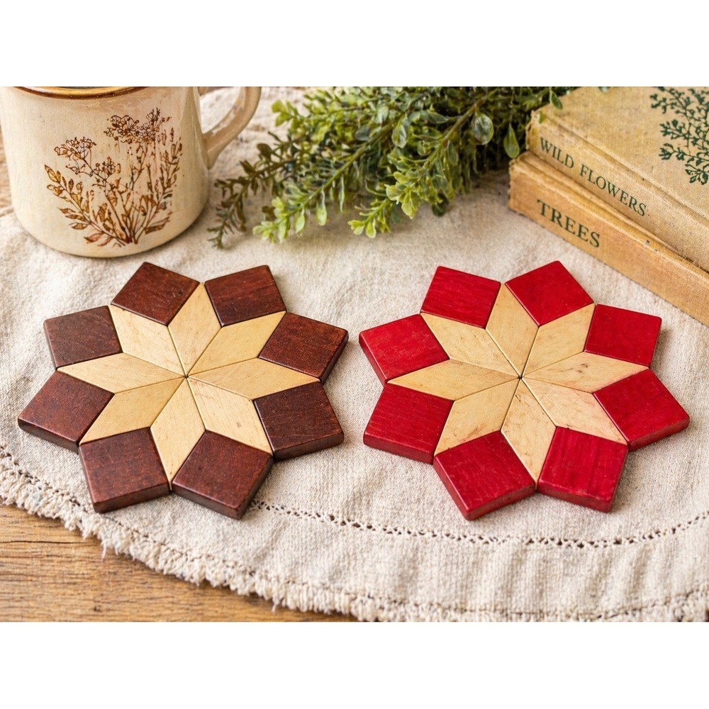 Vintage Canadian Wooden Trivet Set of 2 Star Pattern 6.5" Mid Century Kitchen